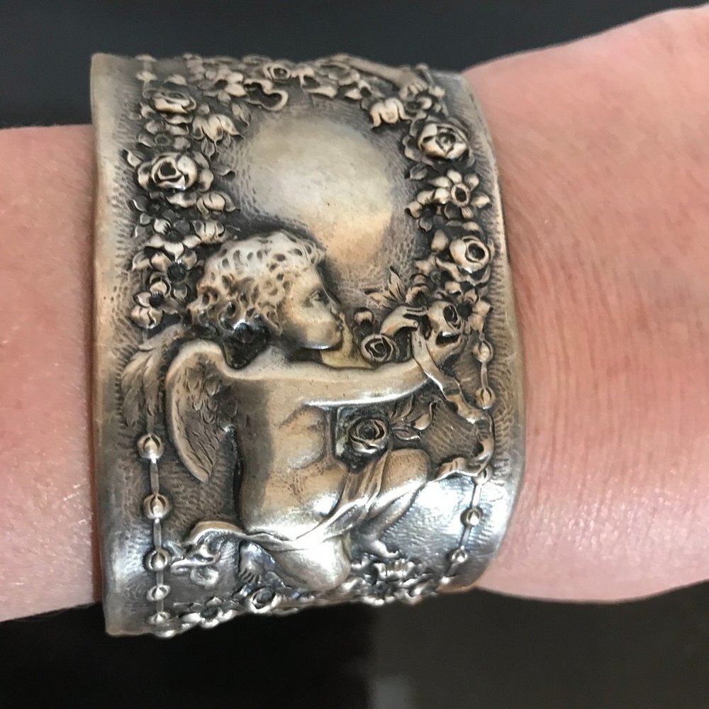 Cherubs Art Nouveau Sterling Silver Cuff Bracelet 925 Antique Cherub Gorham - Picture 3 of 5